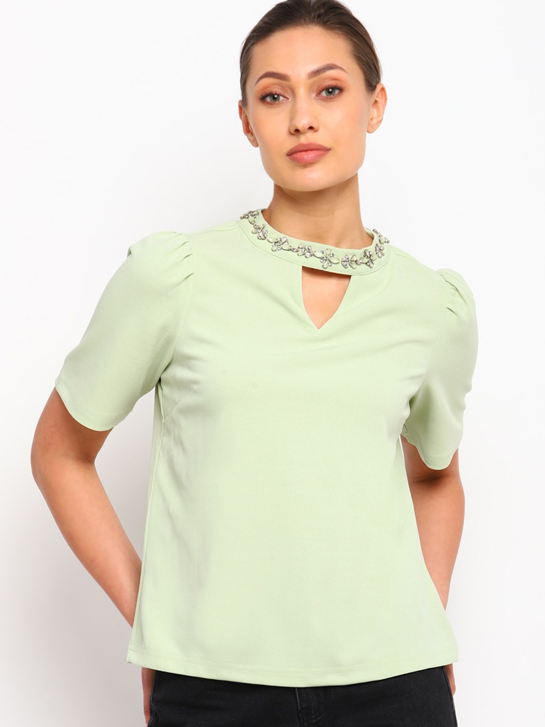 

COVER STORY Jewel Neck Puff Sleeves Top, Green