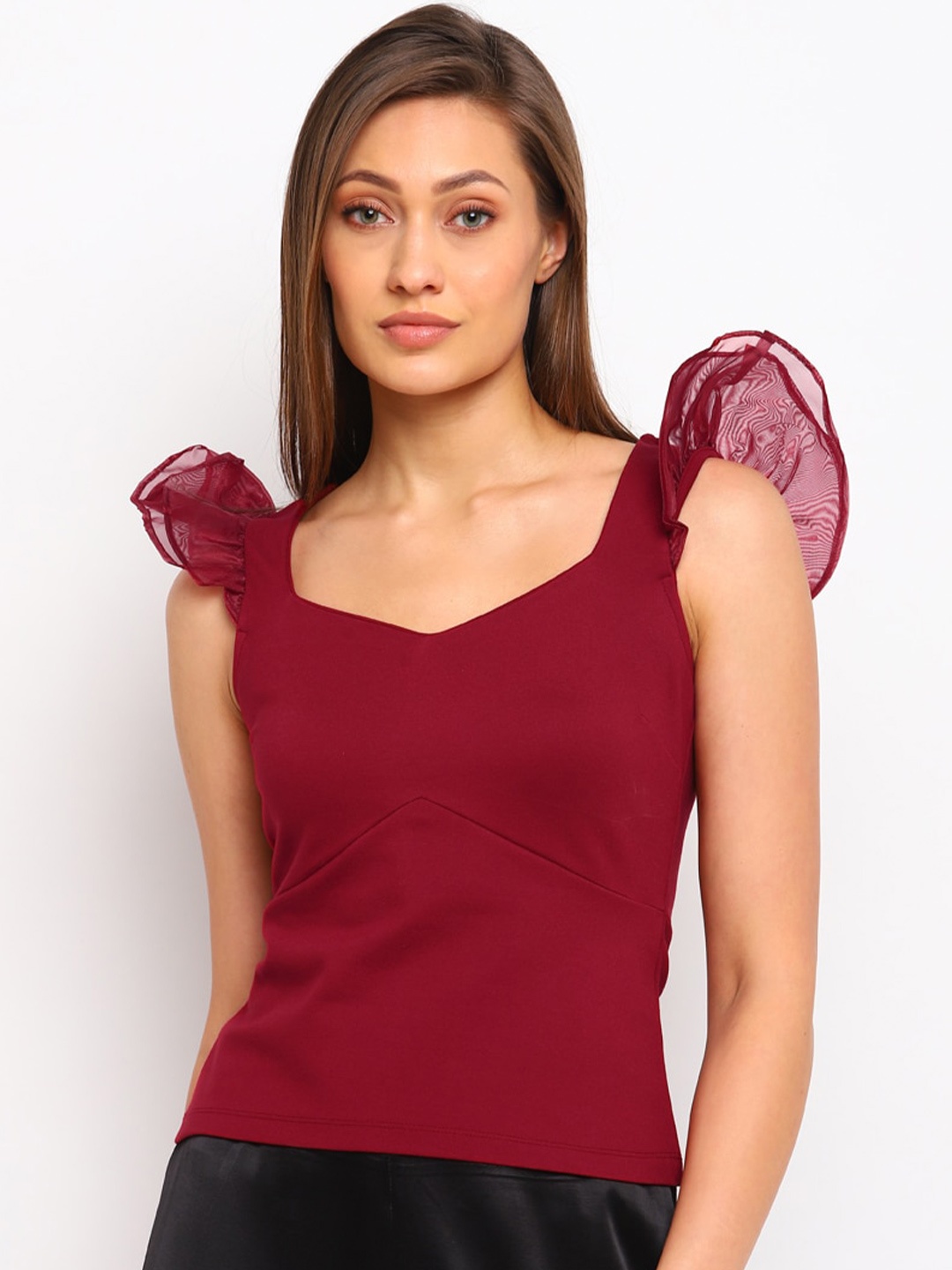 

COVER STORY Ruffles Detail Sweetheart Neck Top, Maroon