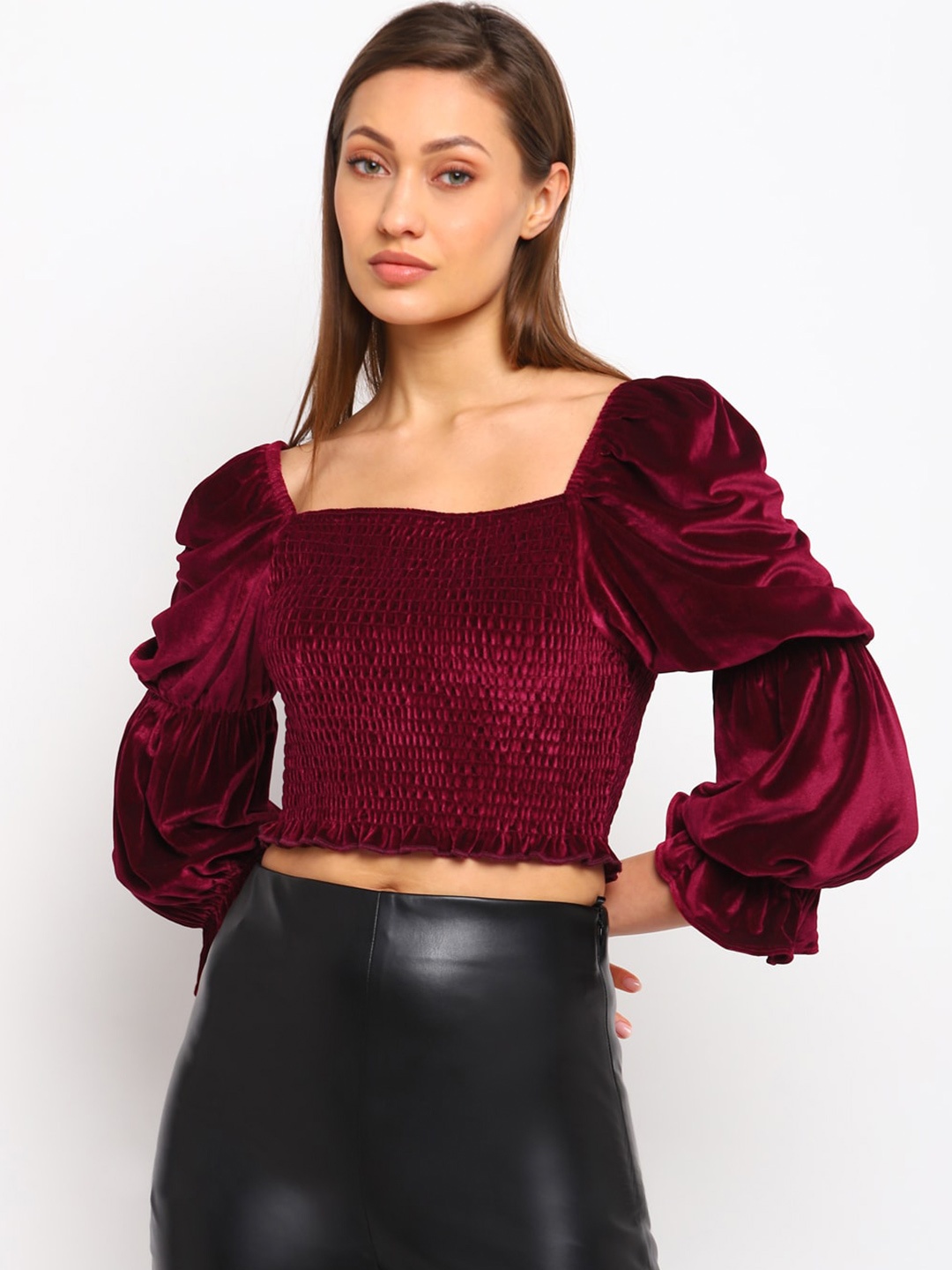 

COVER STORY Self design Smocked Square Neck Velvet Crop Top, Maroon