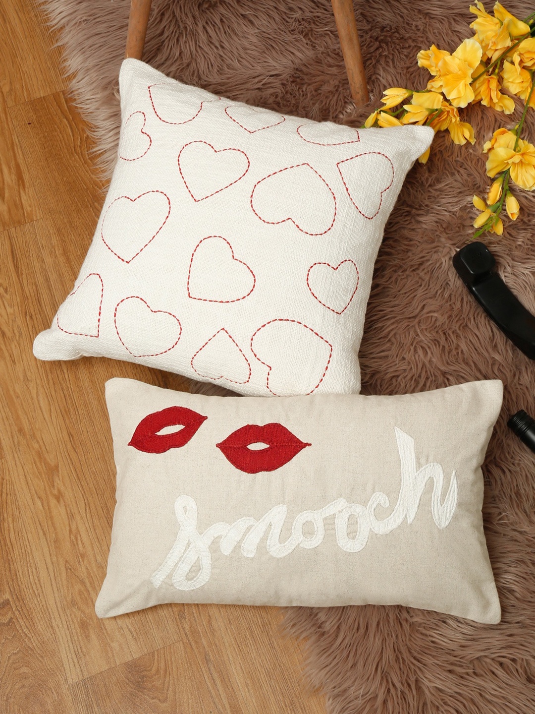 

eyda Valentine White & Beige 2 Pieces Embroidered Cotton Cushion Covers