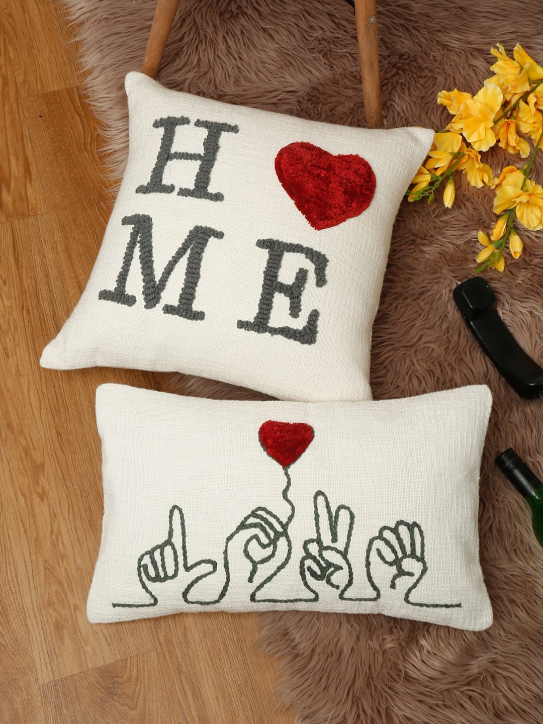 

eyda Valentine White & Grey 2 Pieces Embroidered Cotton Cushion Covers