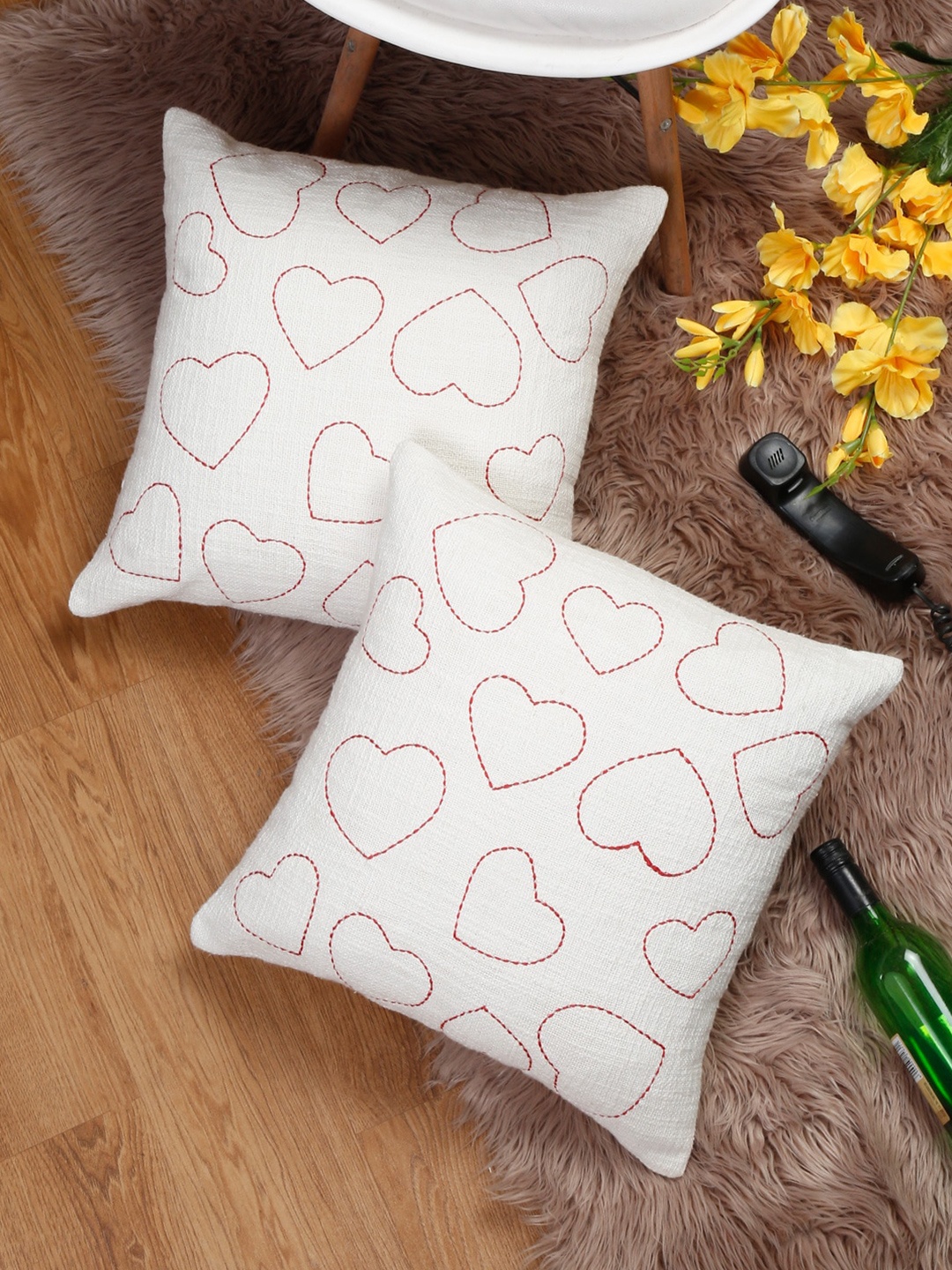 

eyda Valentine White & Red 2 Pieces Embroidered Cotton Square Cushion Covers