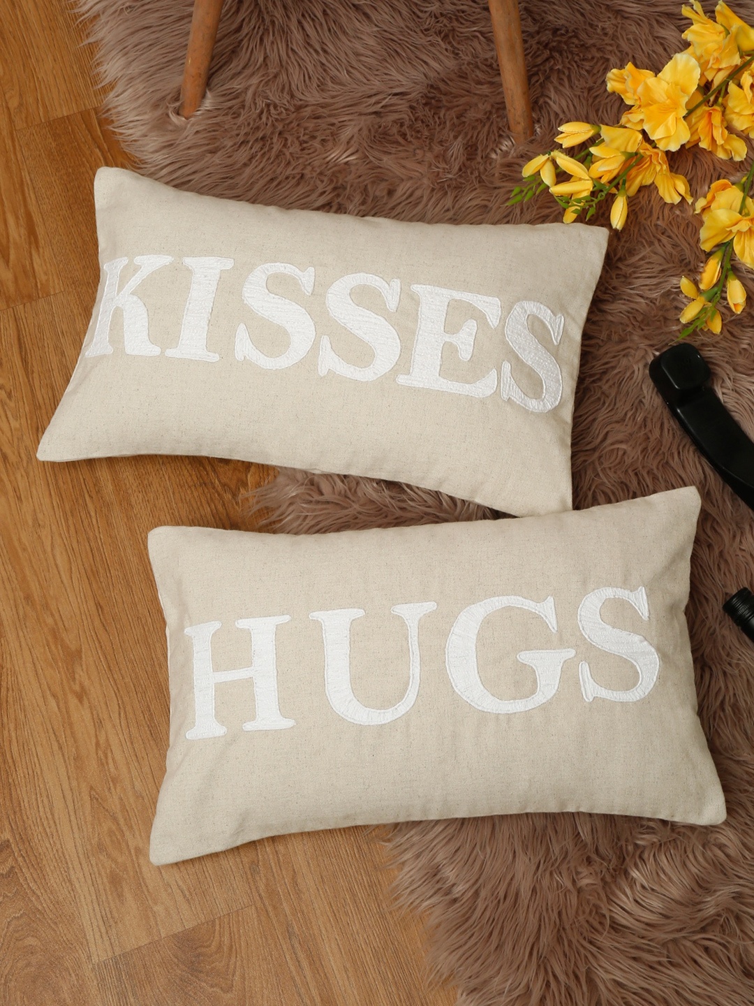 

eyda Valentine Beige & White 2 Pieces Embroidered Cotton Rectangle Cushion Covers