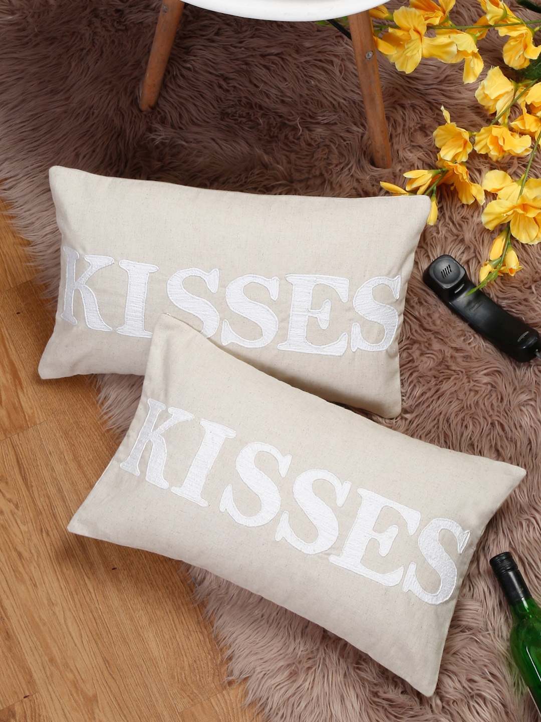 

eyda Valentine Beige & White 2 Pieces Embroidered Cotton Rectangle Cushion Covers