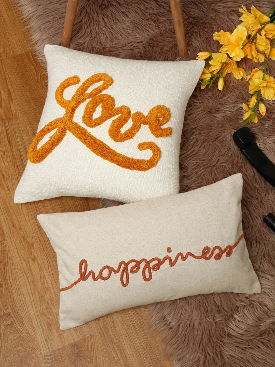 

eyda Valentine White & Orange 2 Pieces Embroidered Cotton Cushion Covers