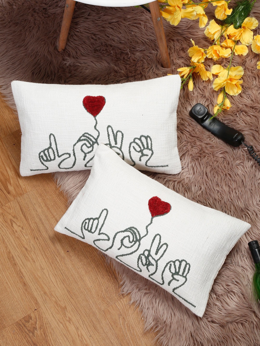 

eyda Valentine White & Black 2 Pieces Embroidered Cotton Rectangle Cushion Covers