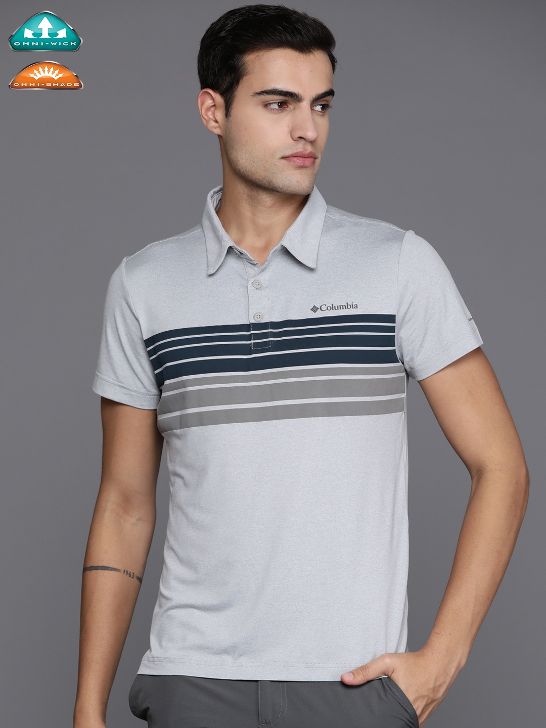 

Columbia Striped Slim Fit Tech Trail Novelty Polo T-shirt, Grey