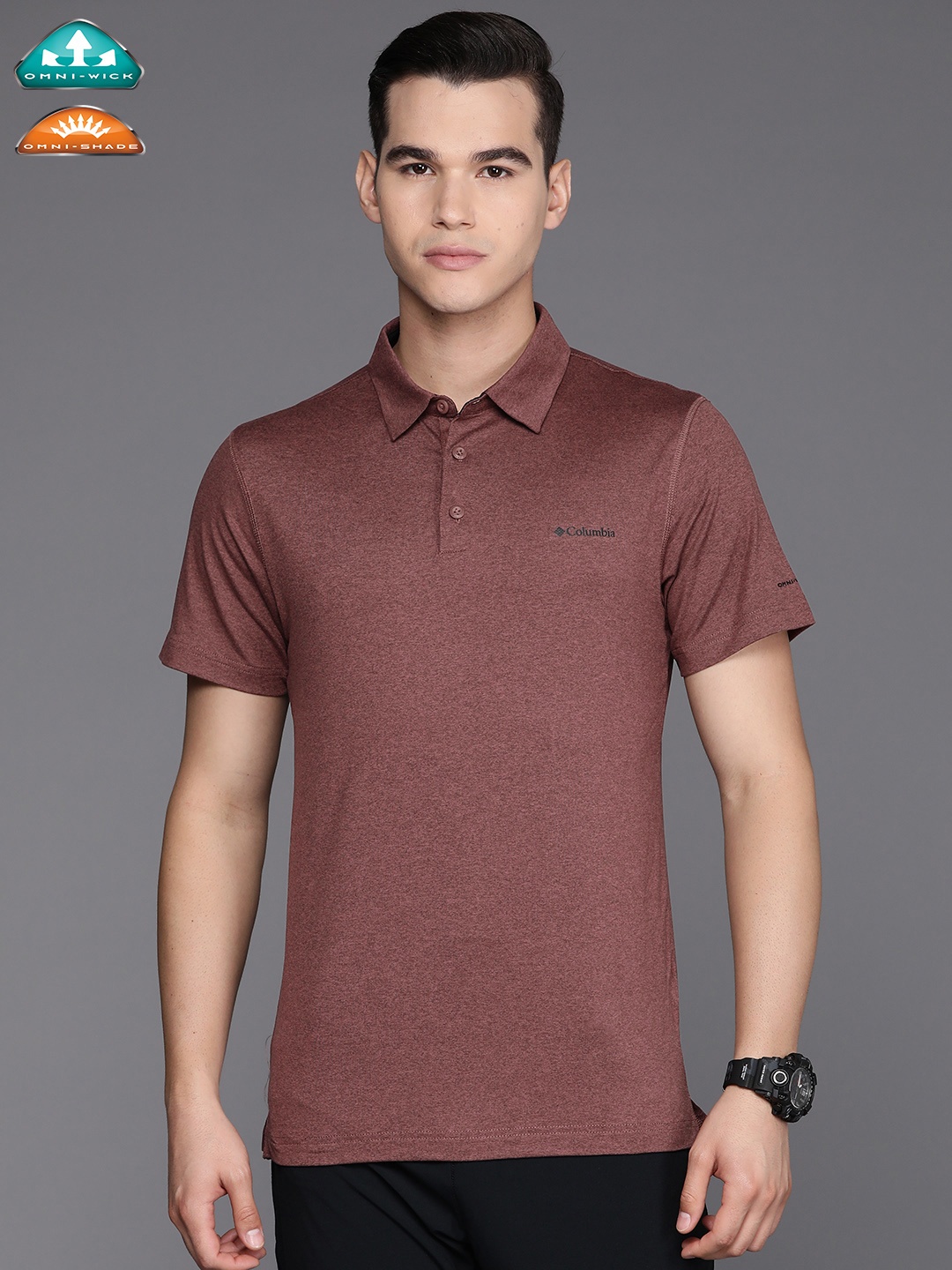 

Columbia Men Solid Tech Trail Polo Collar Slim Fit T-shirt, Maroon