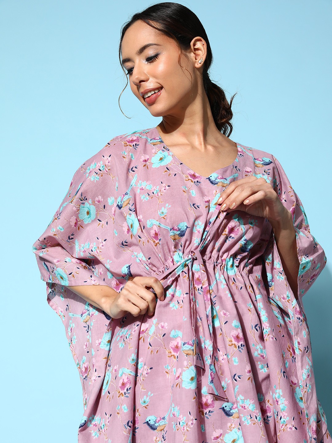 

MBeautiful Printed Organic Cotton Kaftan-Styled Night suit, Lavender