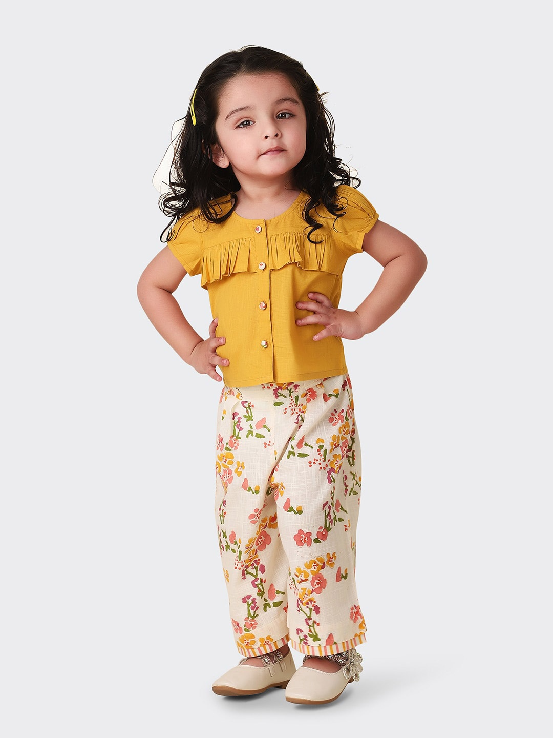 

Fabindia Girls Printed Pure Cotton Top with Trousers, Mustard
