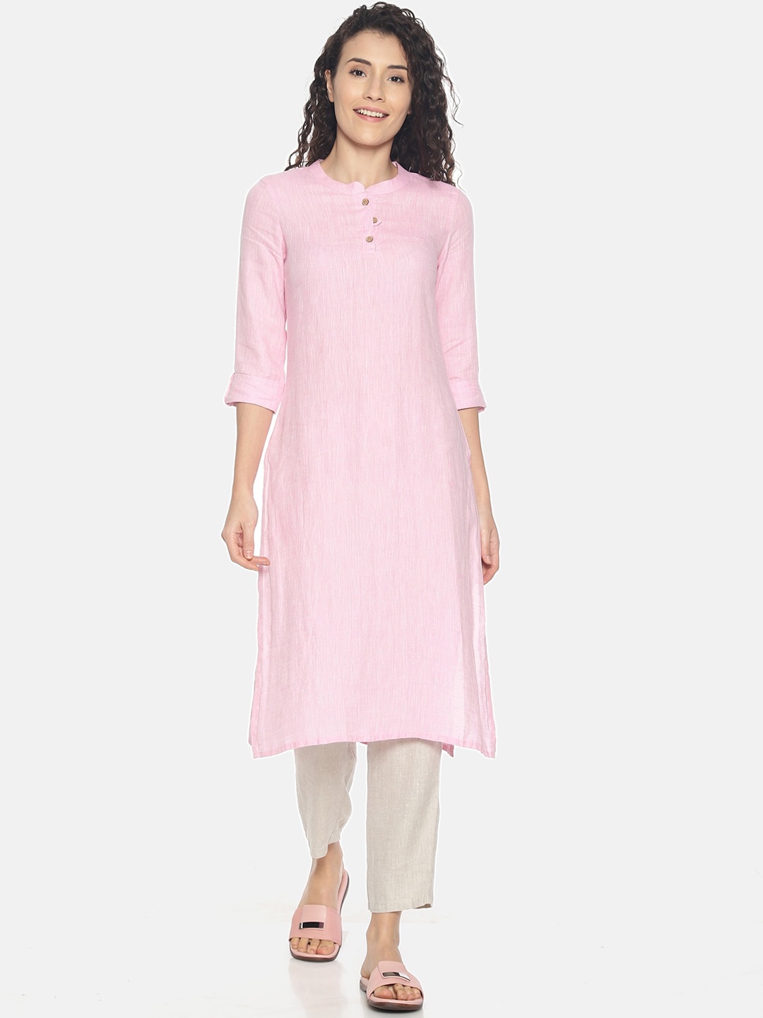 

Ecentric Women Mandarin Collar Hemp Straight Sustainable Kurta, Pink