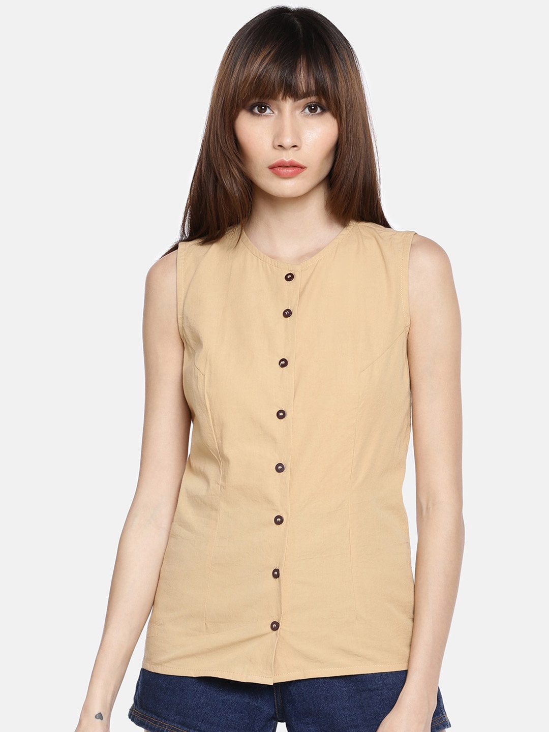 

GRASS by Gitika Goyal Round Neck Cotton Top, Khaki