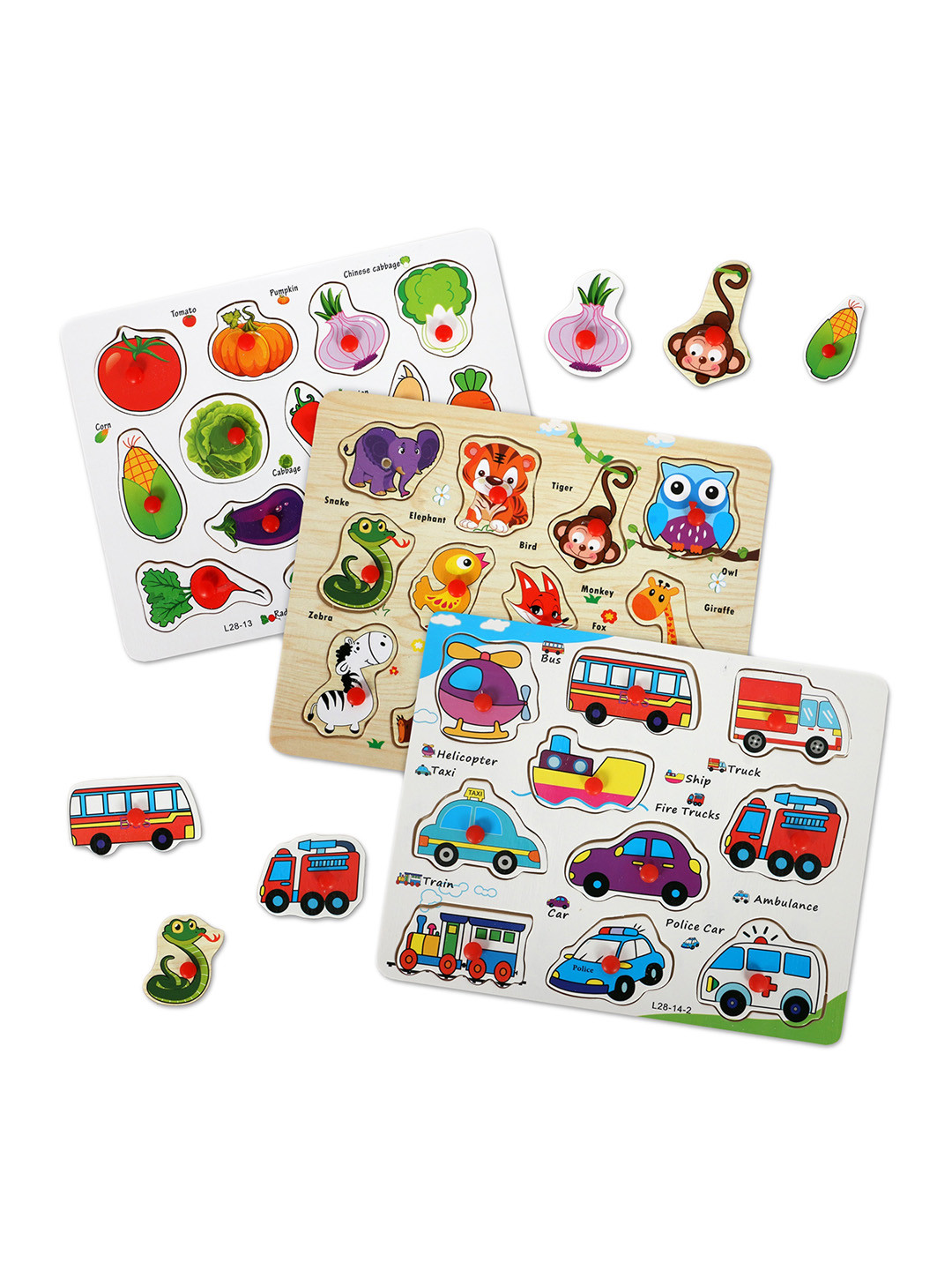 

CHOCOZONE Kids Set Of 3 Wooden Animals, Vegetables & Vehicles Learning Puzzle Toys, Brown