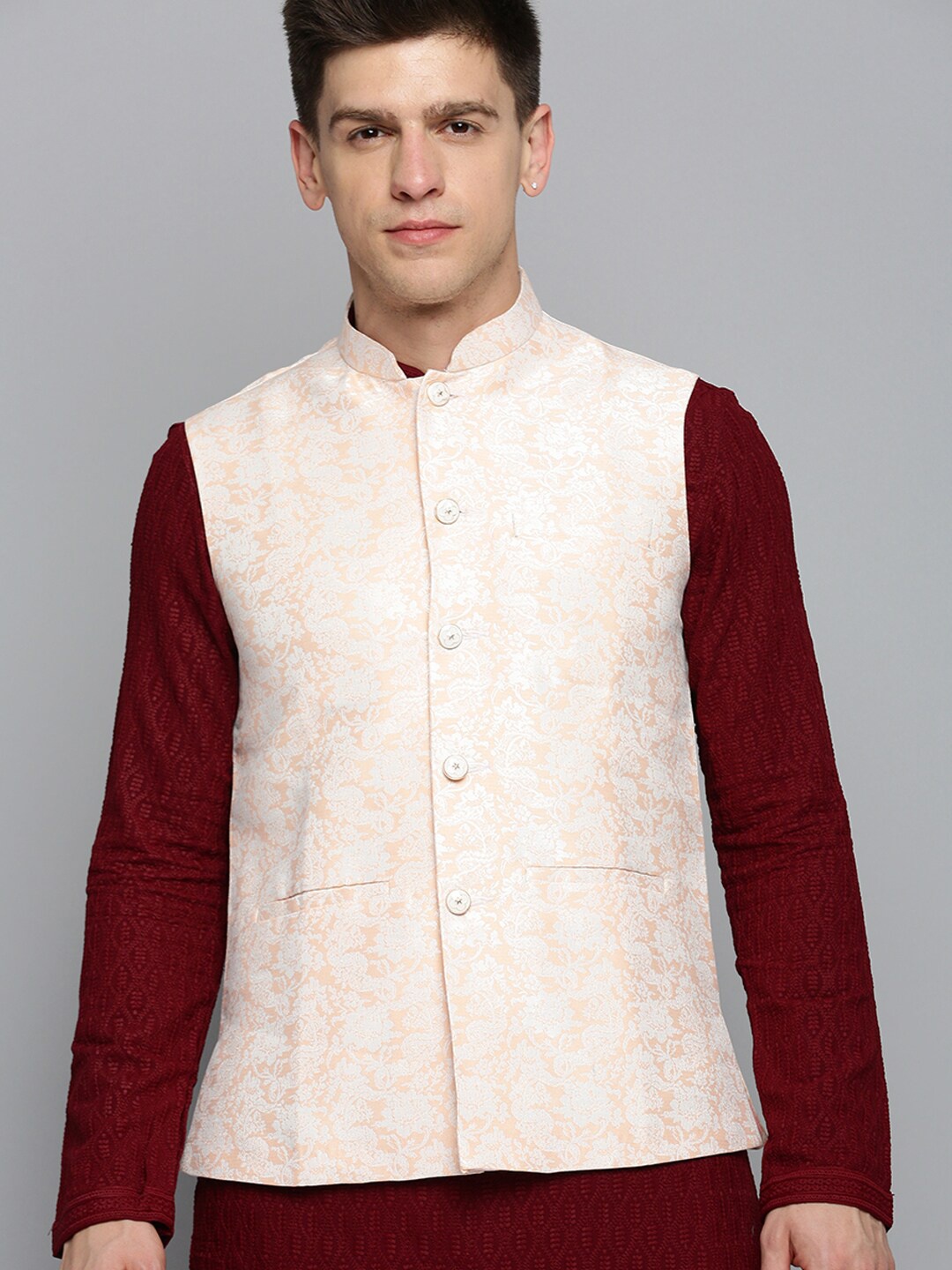 

SHOWOFF Woven Design Nehru Jacket, Cream