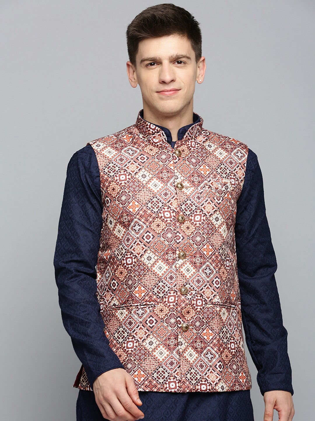 

SHOWOFF Men Printed Mandarin Collar Nehru Jacket, Brown