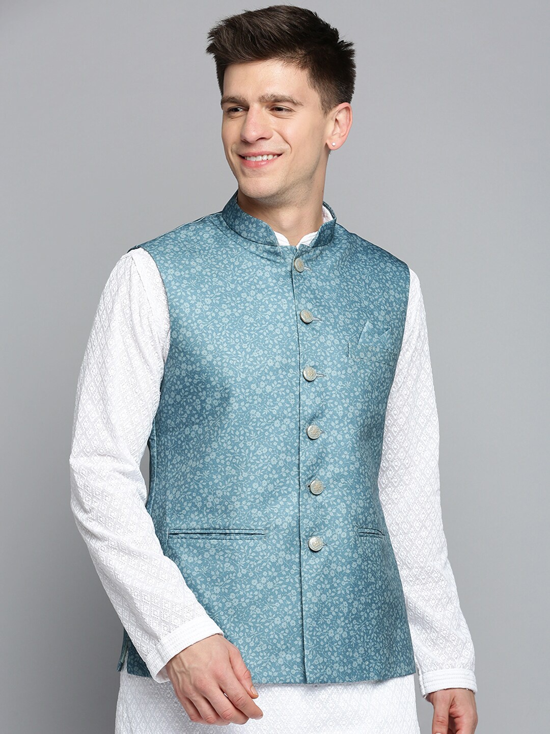 

SHOWOFF Floral Printed Woven Nehru Jackets, Teal