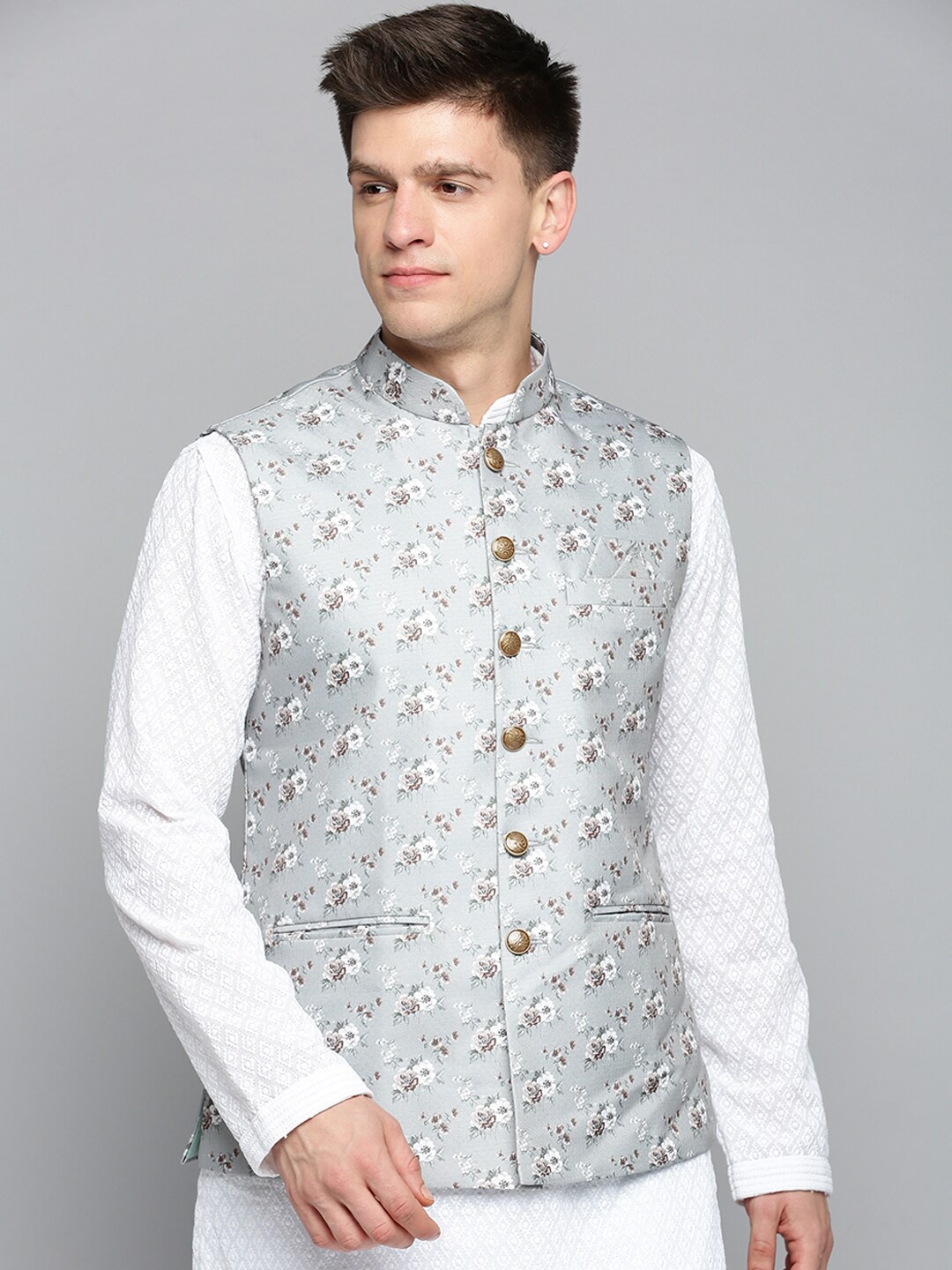 

SHOWOFF Floral Printed Nehru Jackets, Grey
