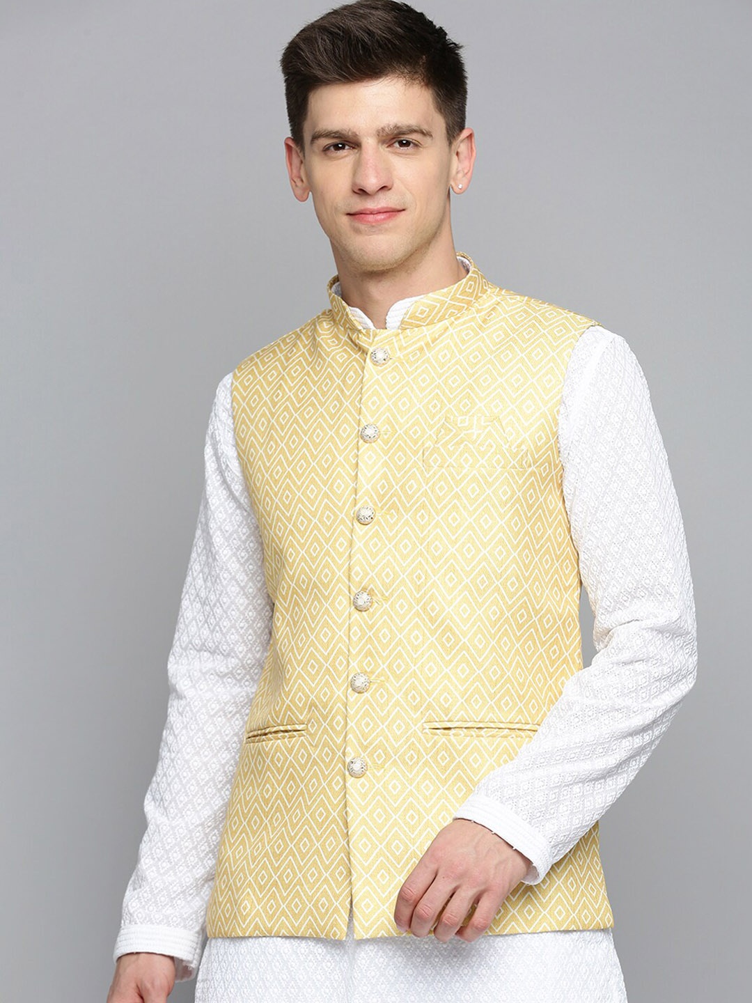 

SHOWOFF Woven Design Mandarin Collar Nehru Jackets, Yellow