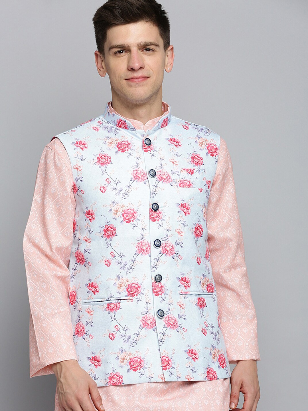 

SHOWOFF Men Floral Printed Mandarin Collar Nehru Jacket, Turquoise blue