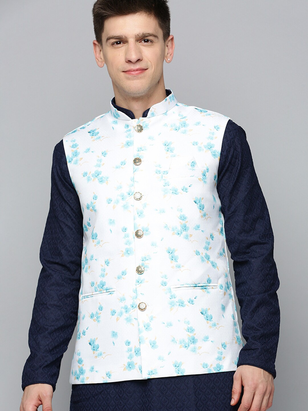 

SHOWOFF Men Floral Printed Mandarin Collar Nehru Jacket, White