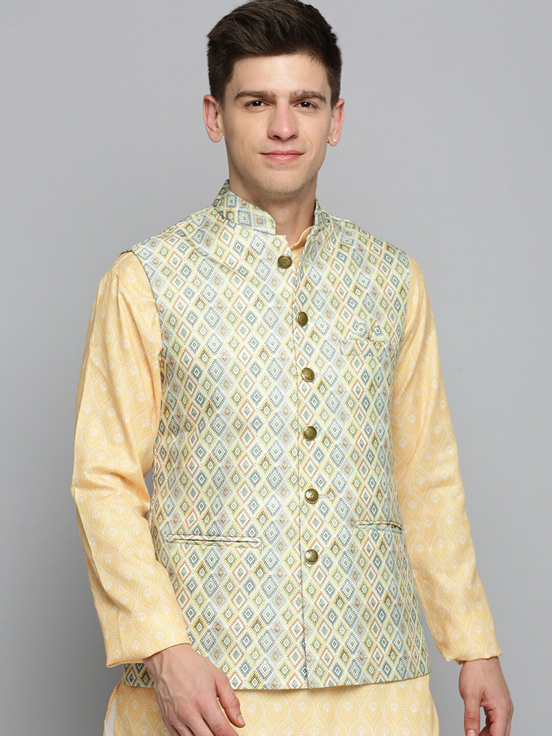 

SHOWOFF Woven Design Mandarin Collar Nehru Jackets, Lime green