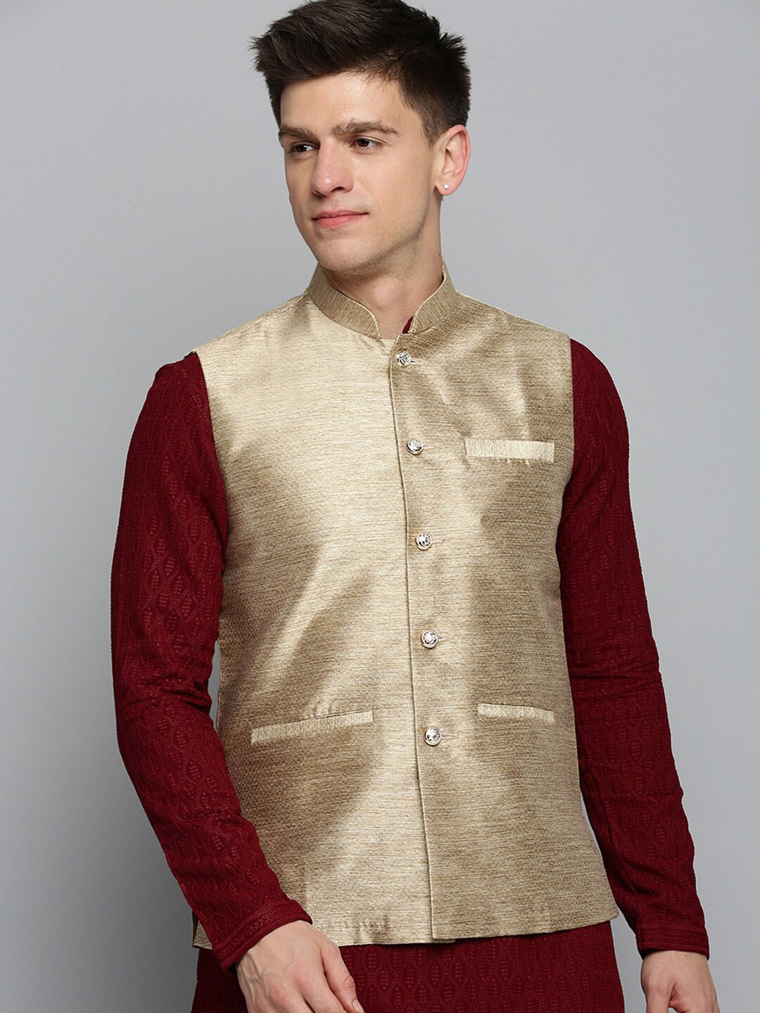 

SHOWOFF Men Woven Design Mandarin Collar Nehru Jacket, Gold