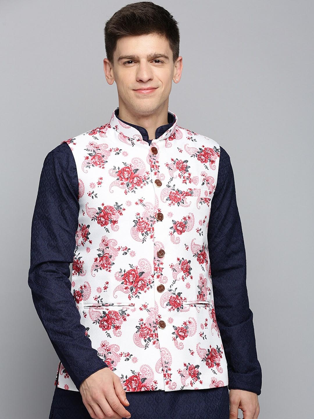 

SHOWOFF Mandarin Collar Printed Nehru Jackets, White