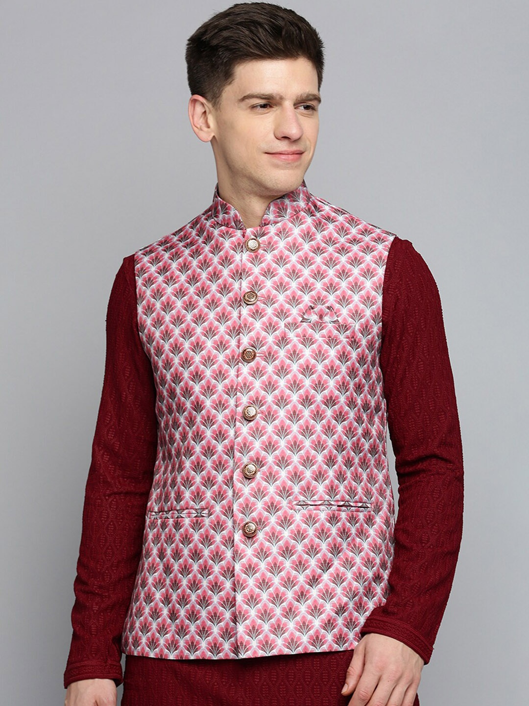 

SHOWOFF Men Printed Mandarin Collar Nehru Jacket, Magenta