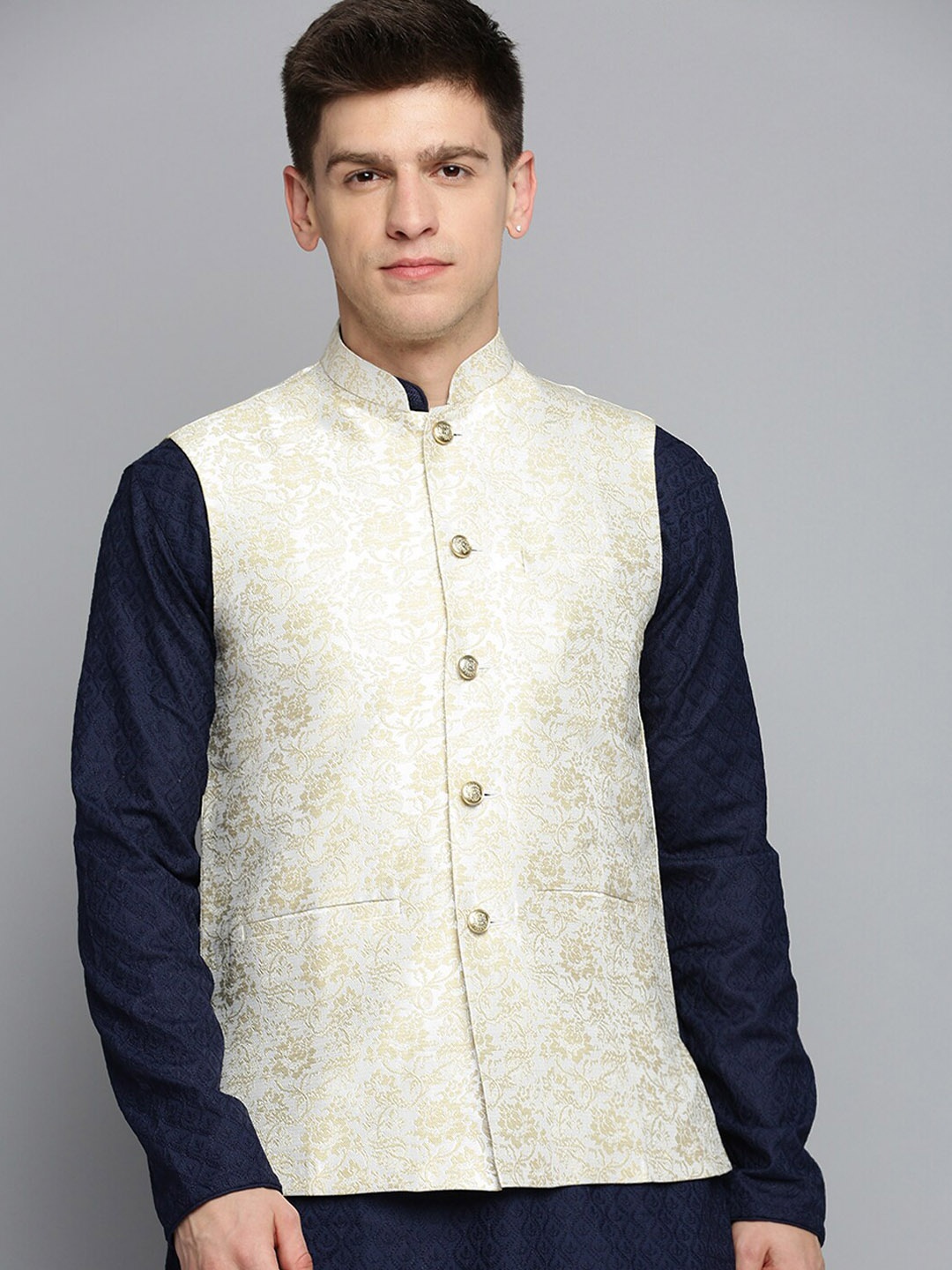 

SHOWOFF Woven Design Nehru Jacket, Cream