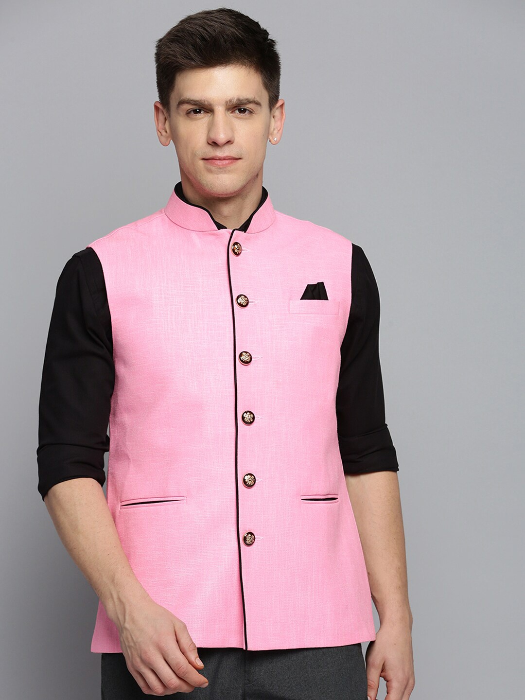 

SHOWOFF Men Mandarin Collar Nehru Jacket, Pink