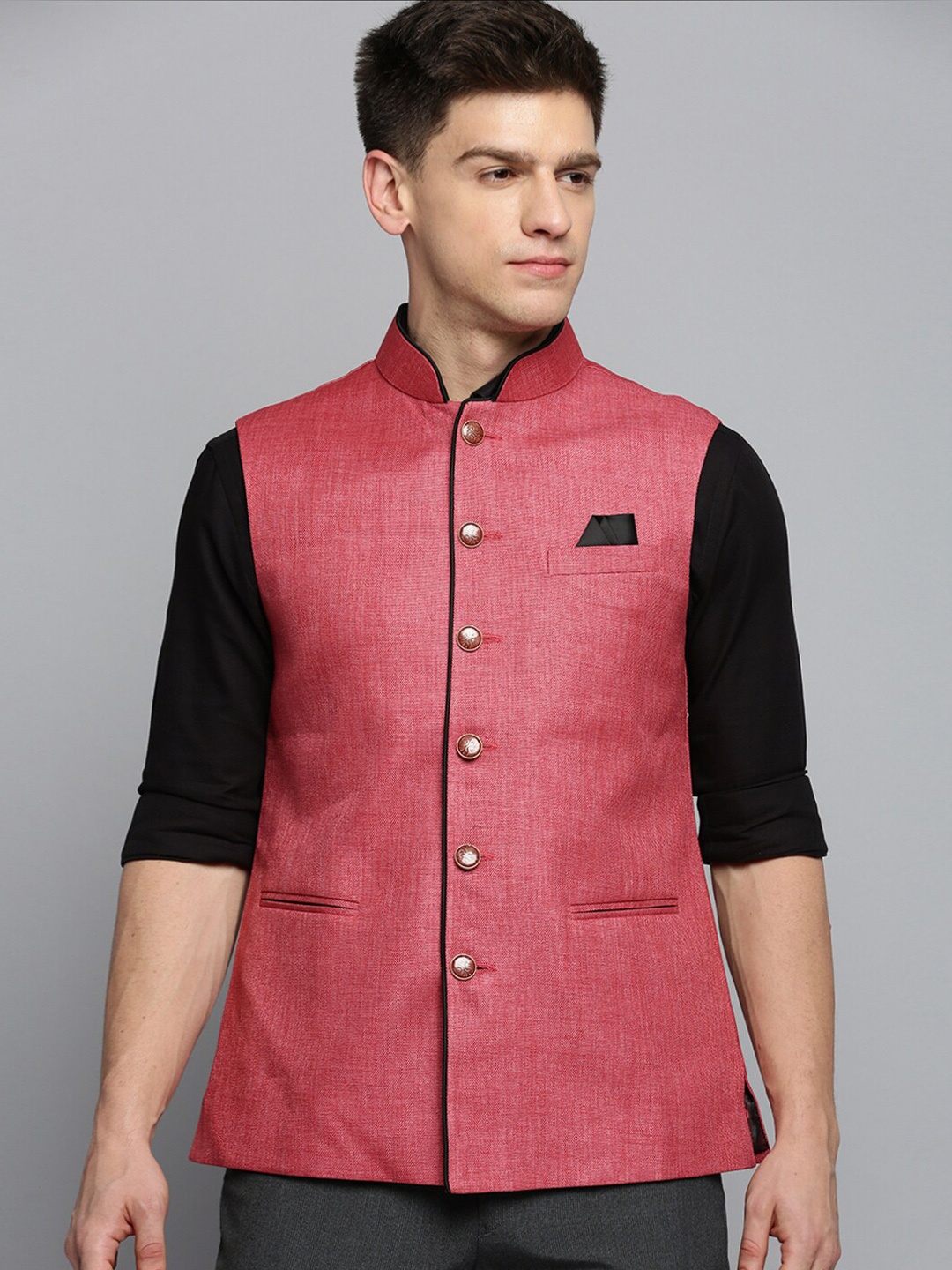 

SHOWOFF Solid Woven Nehru Jackets With Square Pocket, Coral