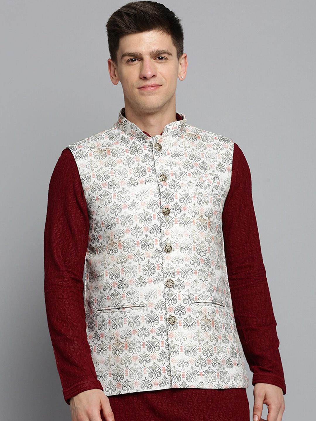 

SHOWOFF Ethnic Motifs Printed Nehru Jacket, Cream