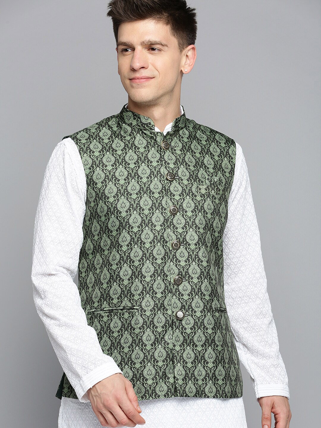 

SHOWOFF Ethnic Motifs Printed Woven Nehru Jacket, Green
