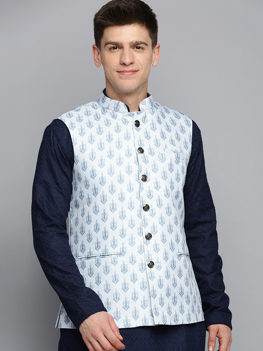 

SHOWOFF Men Printed Mandarin Collar Nehru Jacket, White