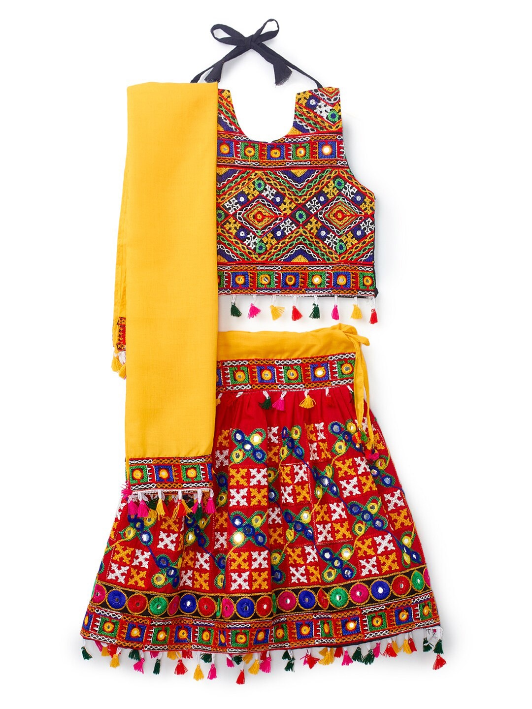 

BANJARA INDIA Girls Kutchi Embroidered Cotton Ready to Wear Lehenga & Blouse With Dupatta, Red