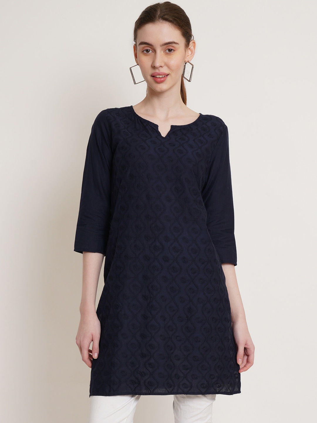 

IX IMPRESSION Women Navy Blue Embroidered Chikankari Notched Neck Kurta