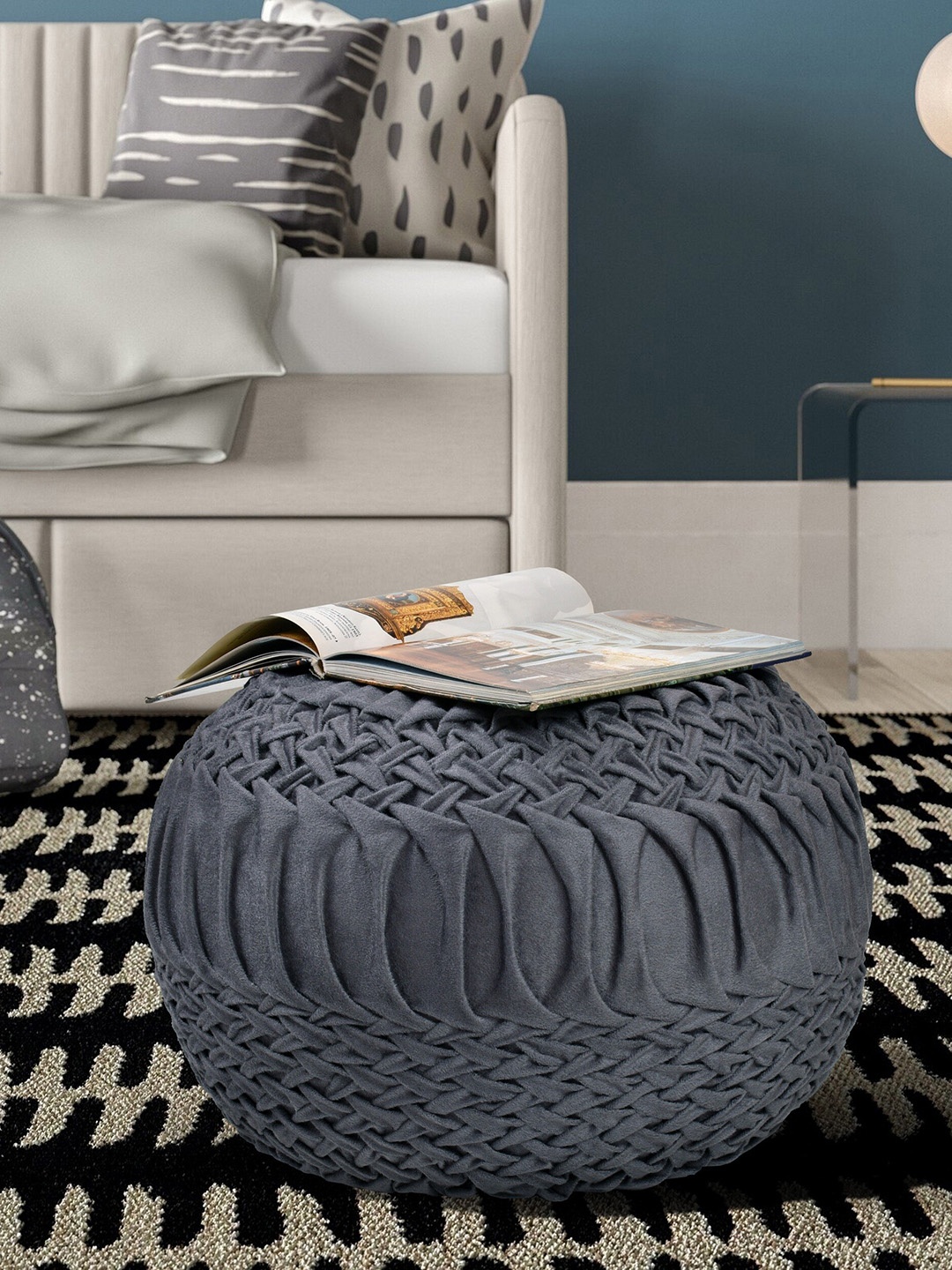 

RIANCE CREATIONS Grey Textured Velvet Ottomans