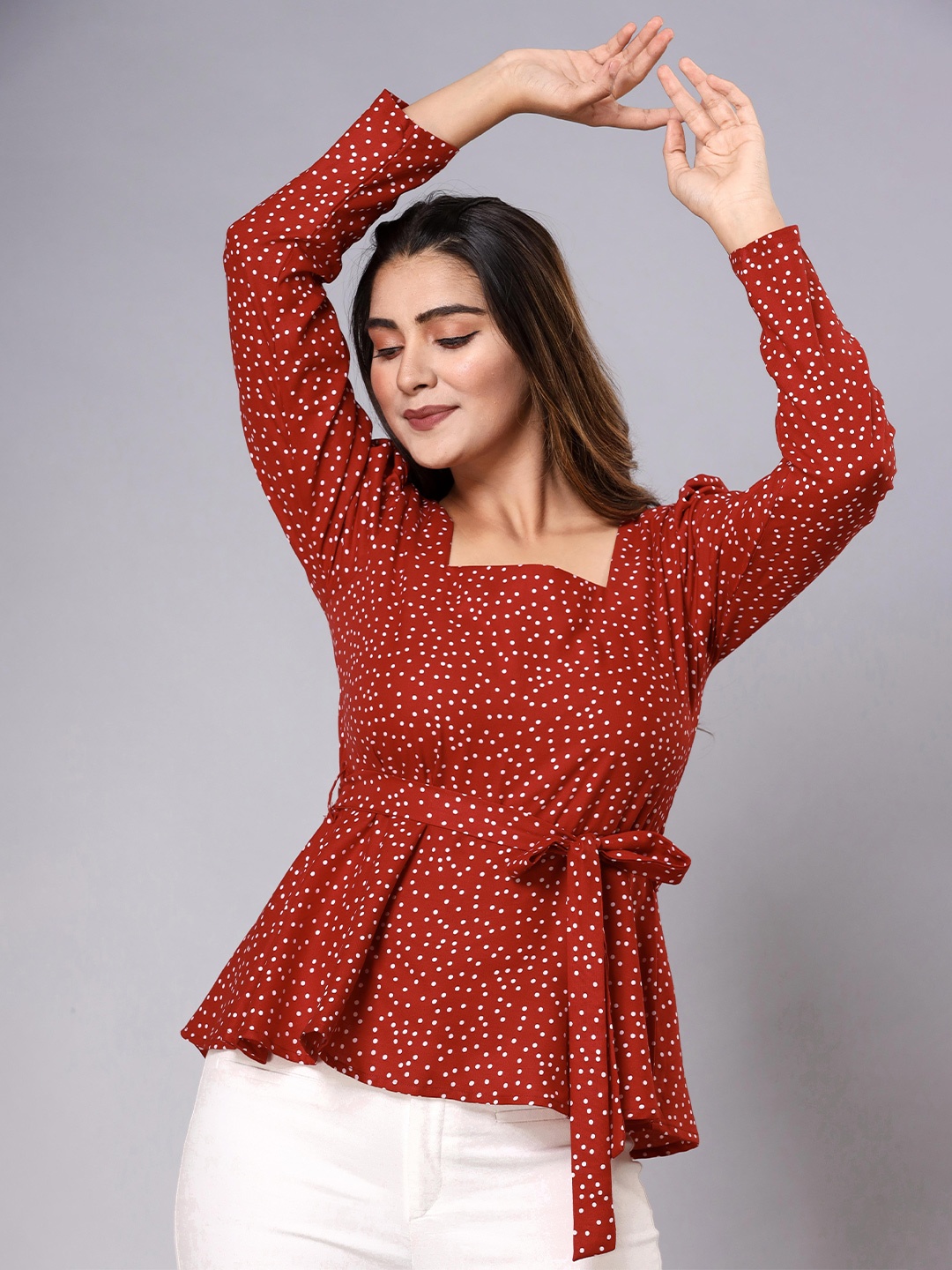 

Fab Star Polka Dots Printed Cinched Waist Top, Maroon