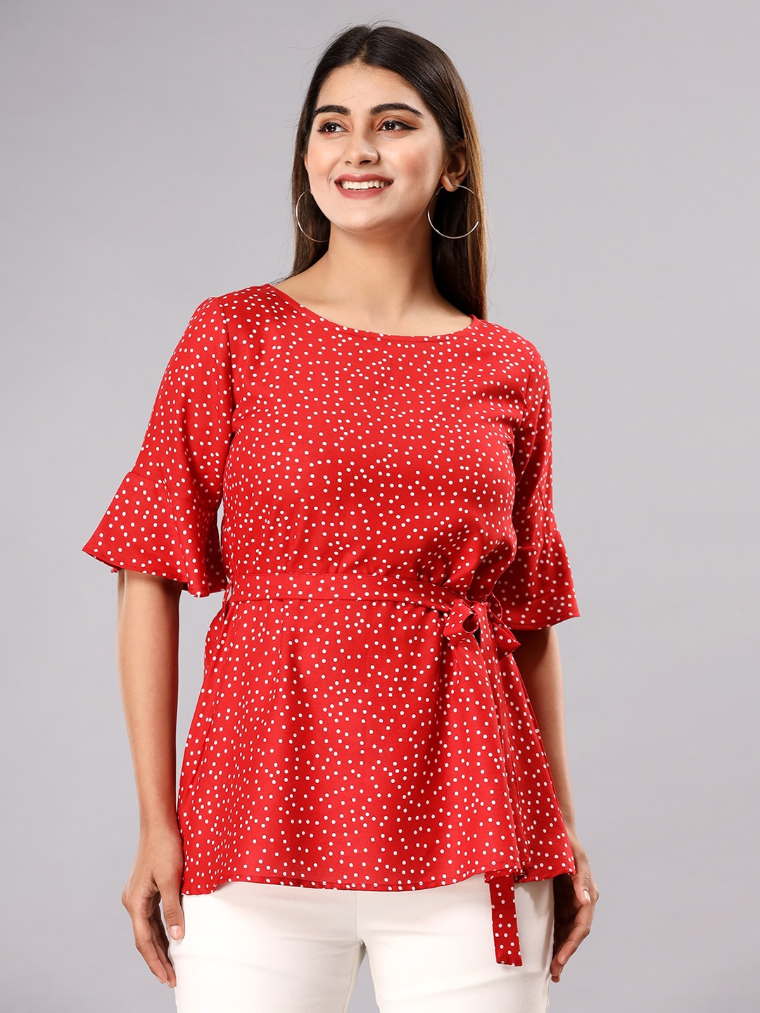 

Fab Star Polka Dots Print Cinched Waist Top, Red