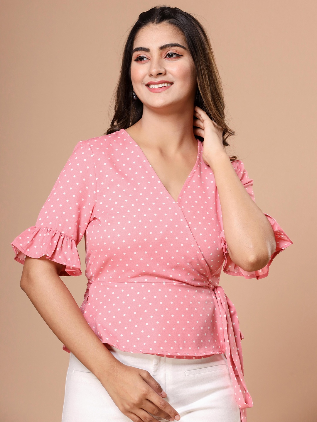 

Fab Star Polka Dots Printed Bell Sleeves Wrap Top, Pink