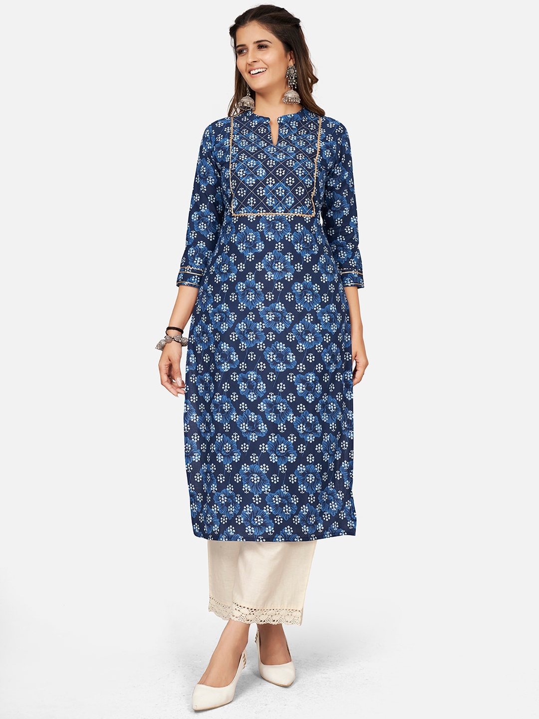 

KALINI Floral Printed Gotta Patti Sequinned Cotton Kurta, Blue