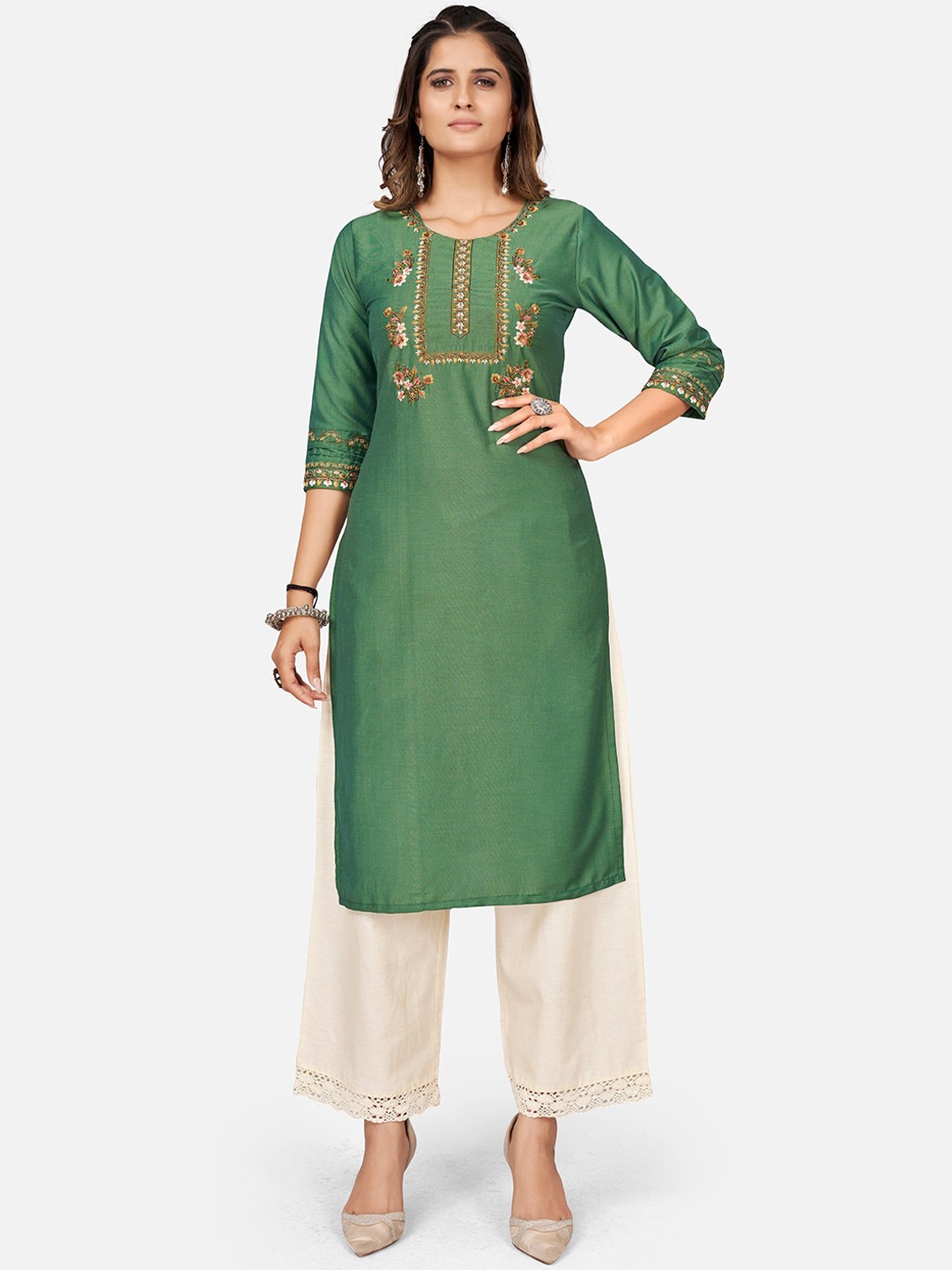

KALINI Floral Embroidered Cotton Kurta, Green