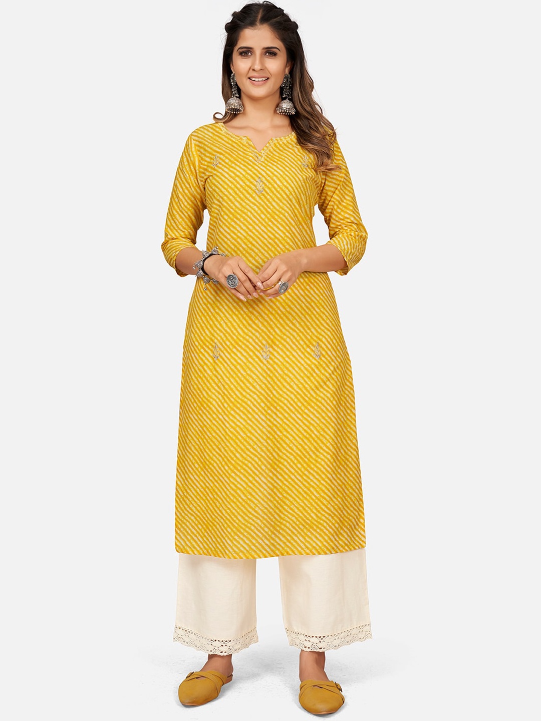 

KALINI Leheriya Printed Thread Work Cotton Kurta, Yellow