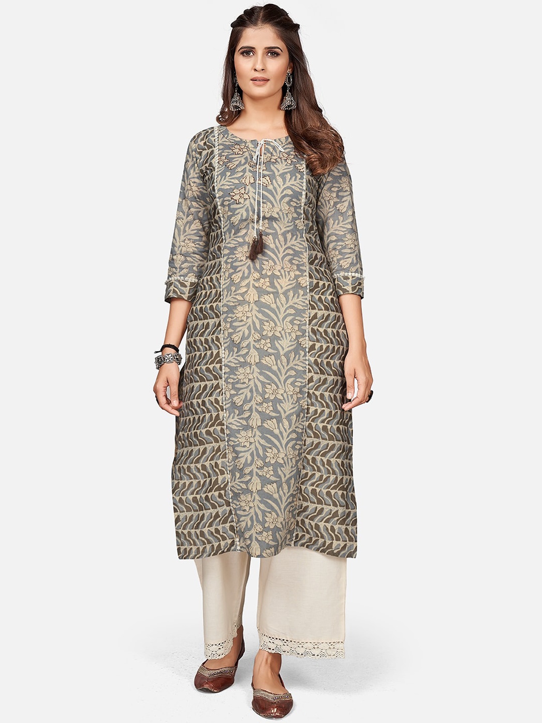 

KALINI Ethnic Motifs Printed Pure Cotton Kurta, Grey