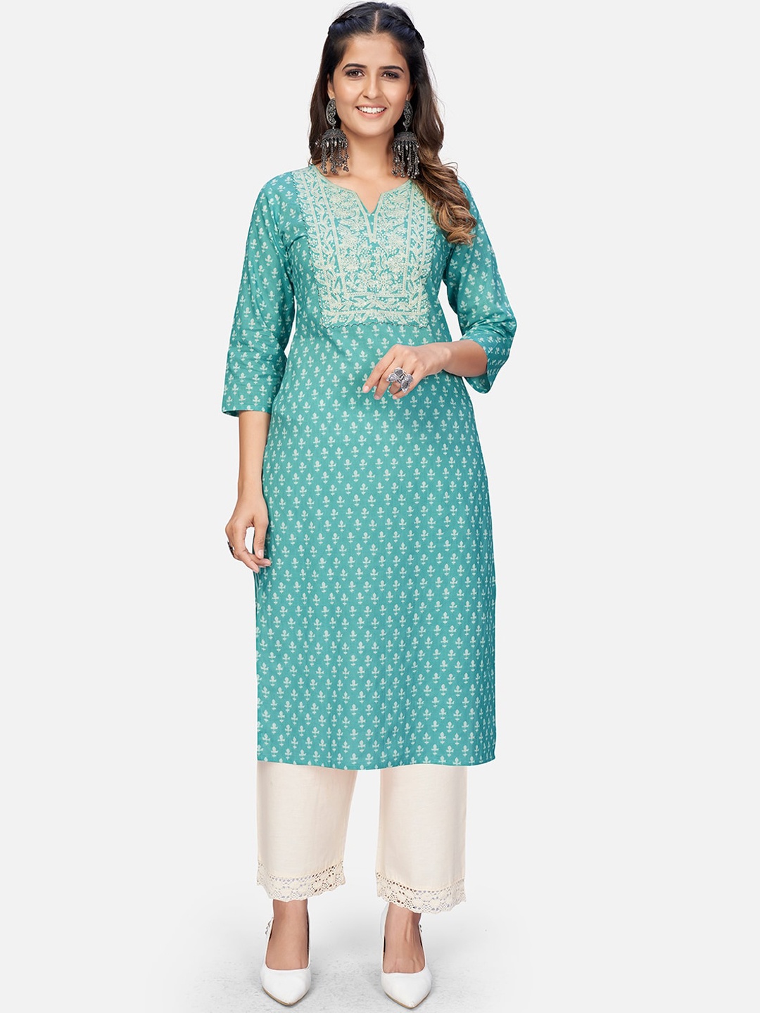 

KALINI Ethnic Motifs Printed Pure Cotton Kurta, Turquoise blue