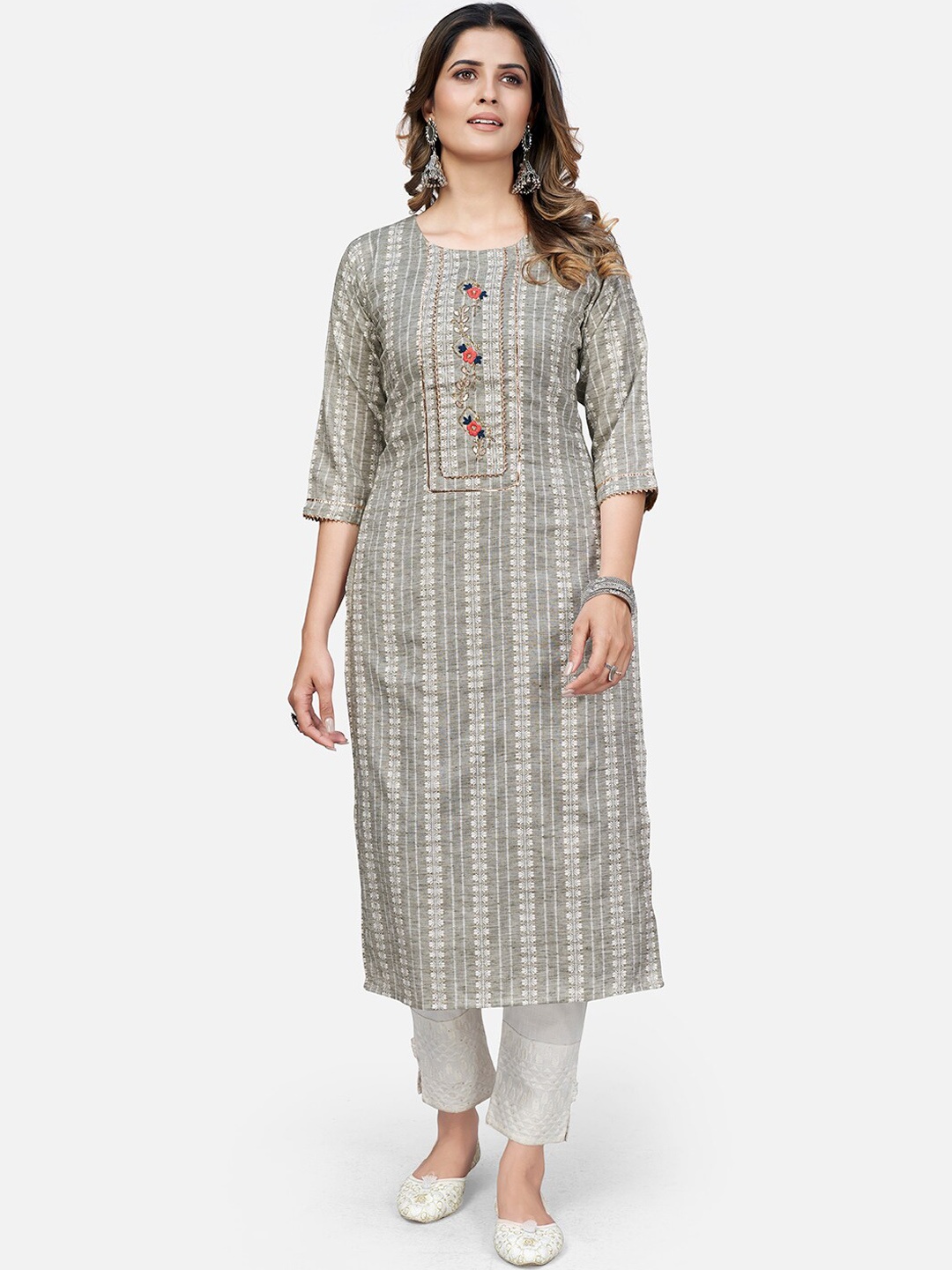 

KALINI Striped Round Neck Kurta, Grey