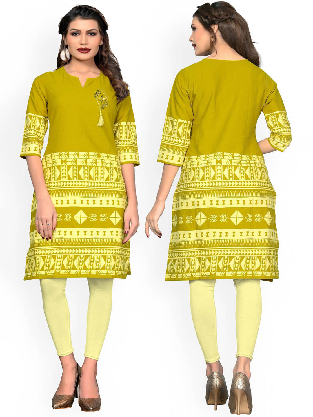 

KALINI Geometric Printed Thread Work Cotton Kurta, Green