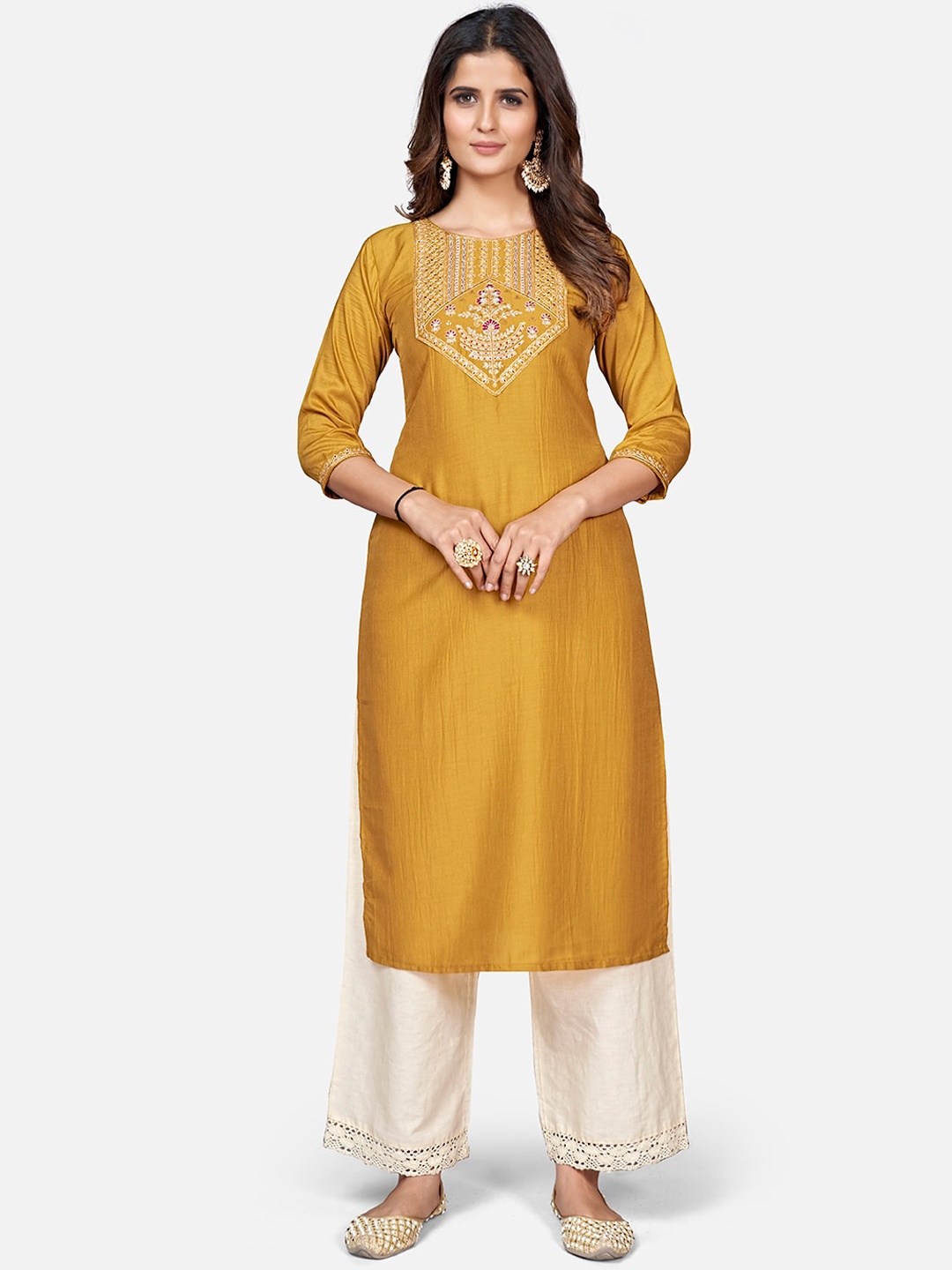 

KALINI Floral Embroidered Cotton Kurta, Yellow