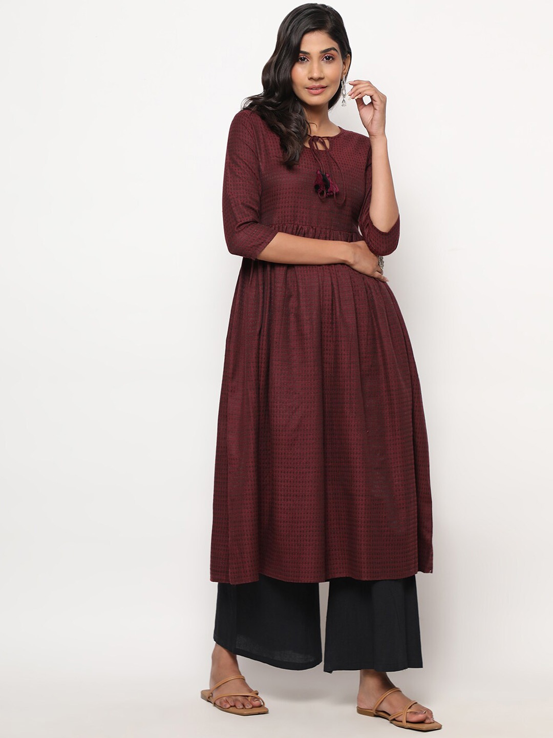 

KALINI Woven Design Keyhole Neck Anarkali Cotton Kurta, Coffee brown