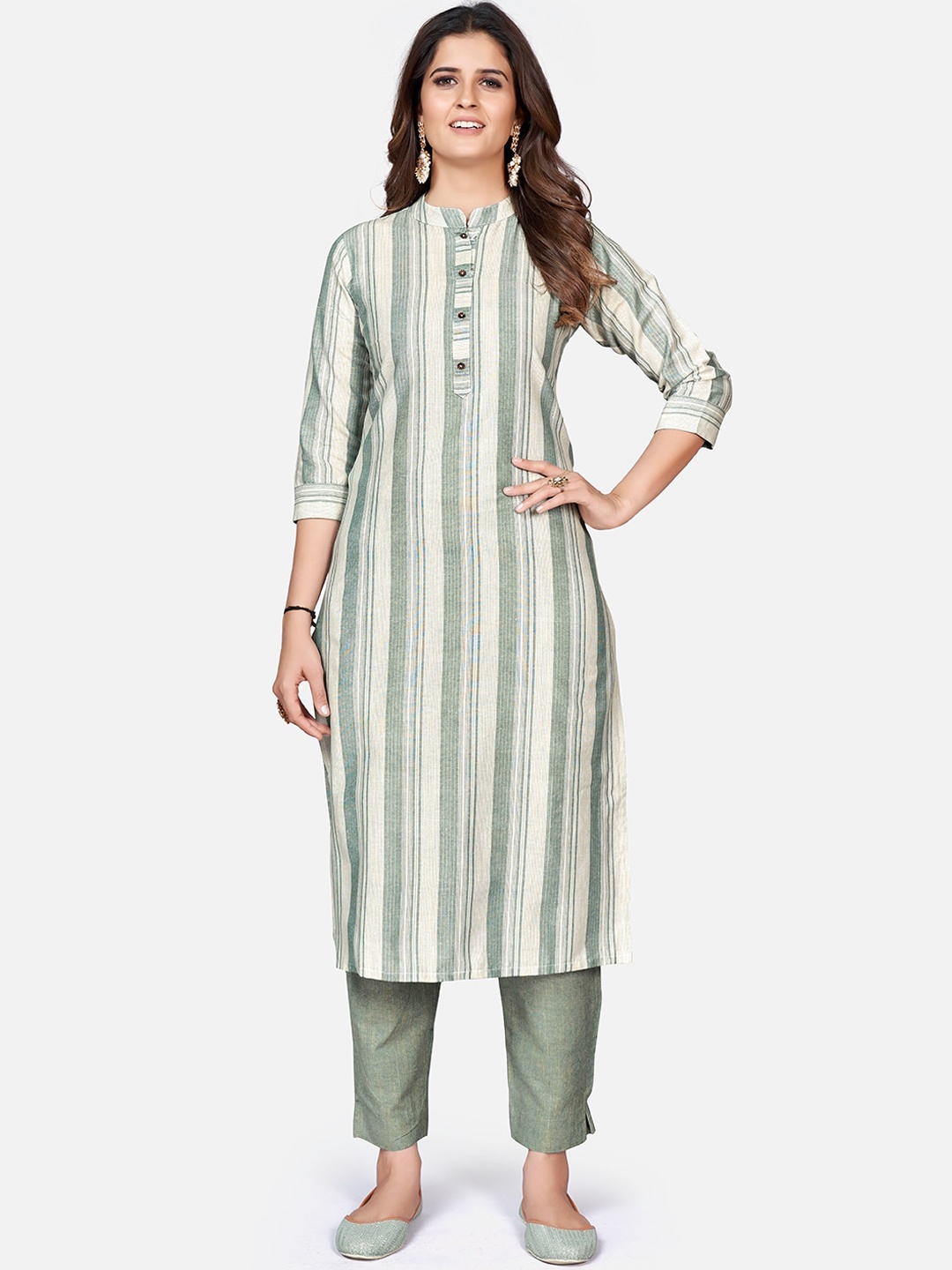 

Vbuyz Striped Cotton Madarin Collar Kurta, Green